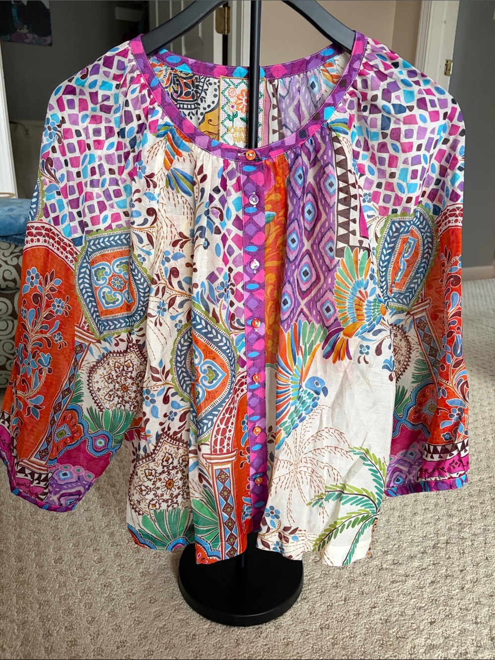 Johnny Was Multicolor Boho Button-Front Blouse - Pink, Orange, Purple